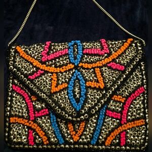 Lefties Bright Color Beaded & Silver AllSequin Clutch/ Chain Purse Pocket Inside